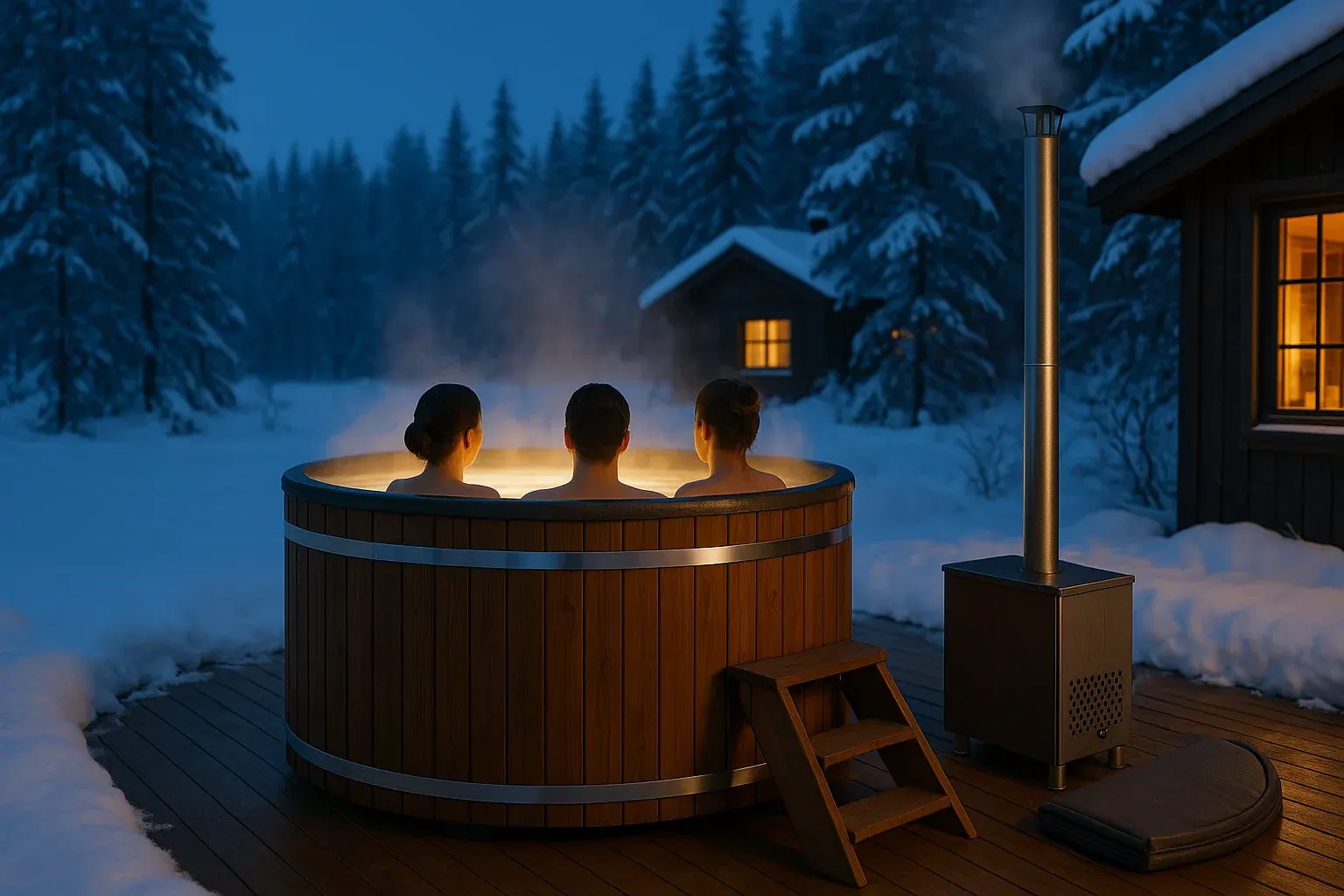 Badestamp med utvendig vedovn på en snødekt terrasse i blåtimen, damp over vannet