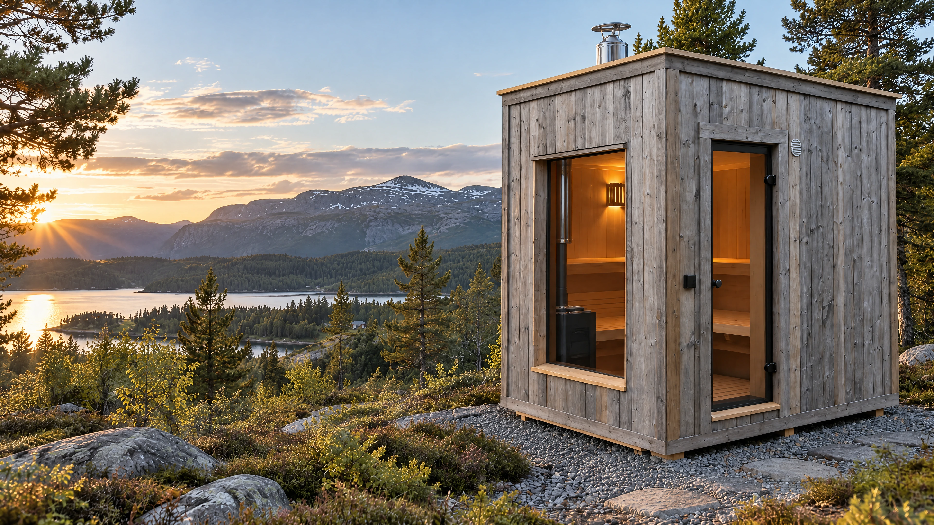 Firkantet badstue i grått panel med pulttak, stort vindu og glassdør med varmt lys inne, på en grusflate i fjellterreng med utsikt over vann og fjell.